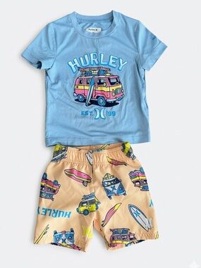 EUC Toddler Boy Hurley Sun Protection Blue Yellow Swim Shorts Shirt Set Pool 2T
